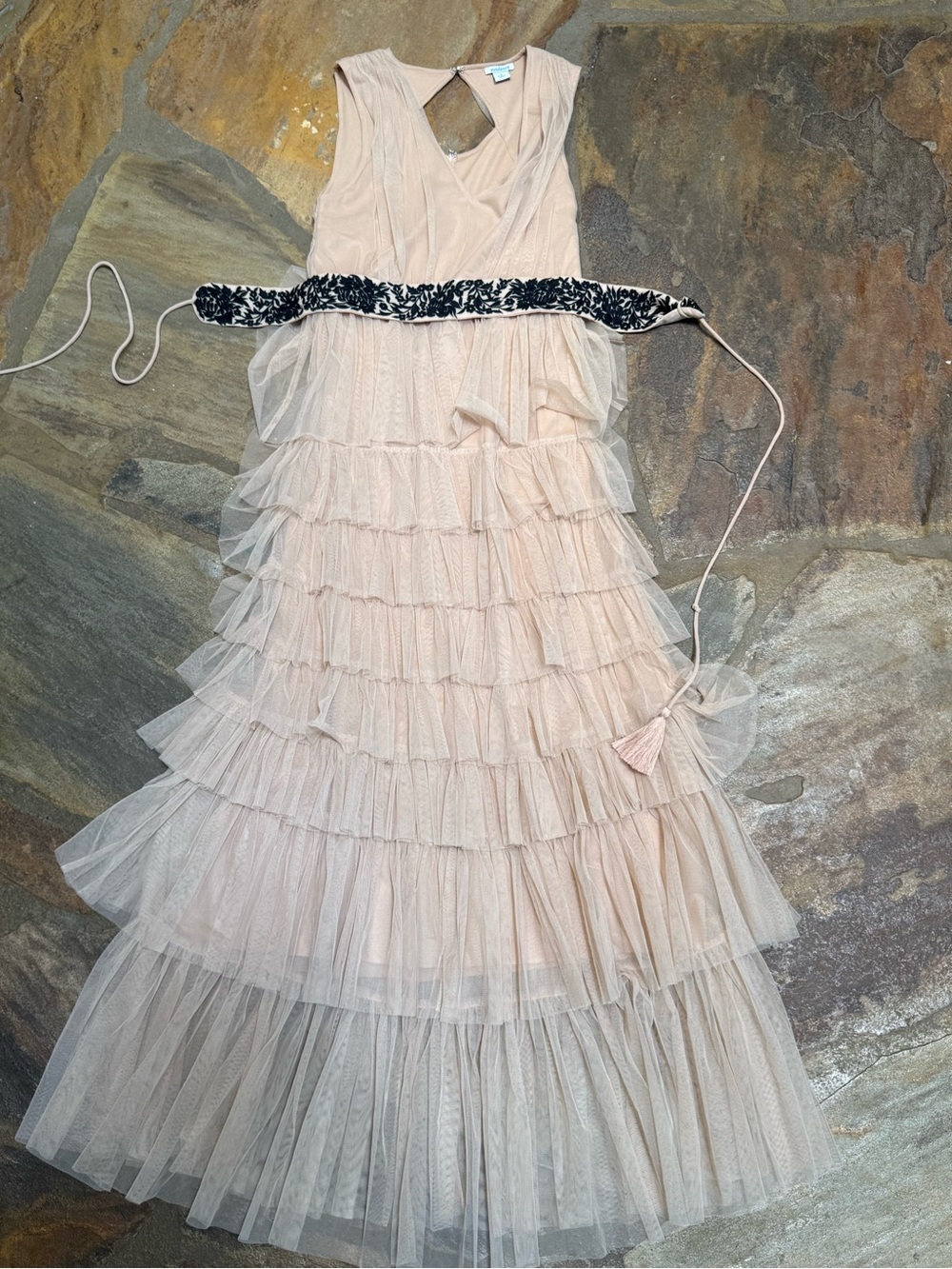 Sundance Blush Pink Layered Tulle Maxi Dress with Embellished Sash NWOT